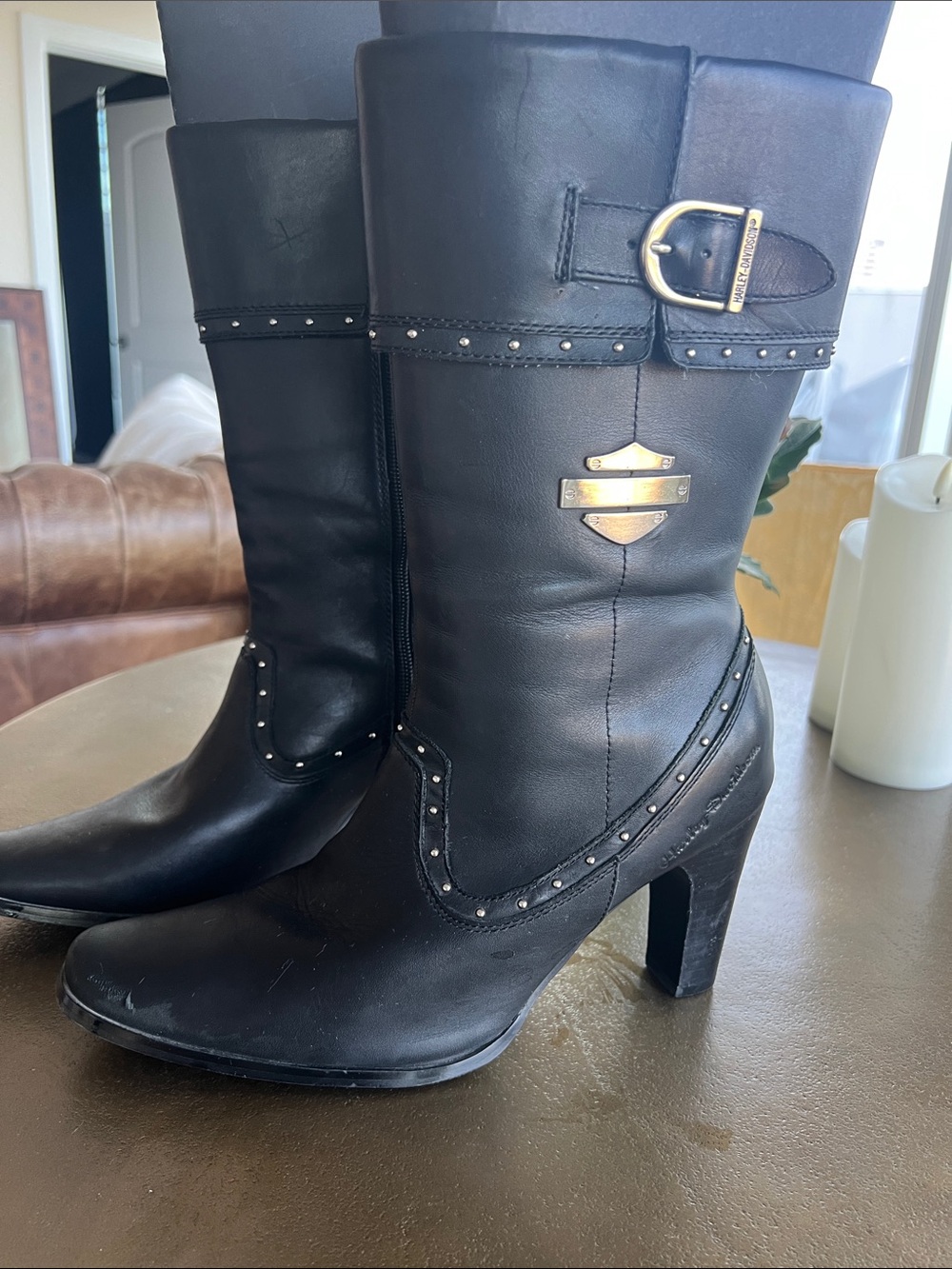 Harley-Davidson Black Leather Mid-Calf Heeled Boots with Gold Hardware